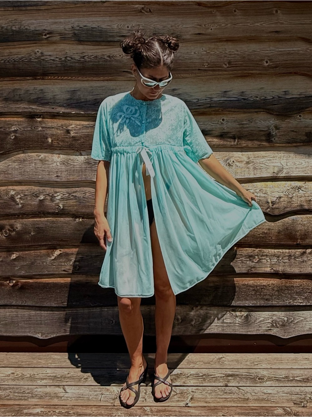 Vintage 60s Chiffon Robe Dressing Gown Dorsay Aqua Blue Lace short Negligee